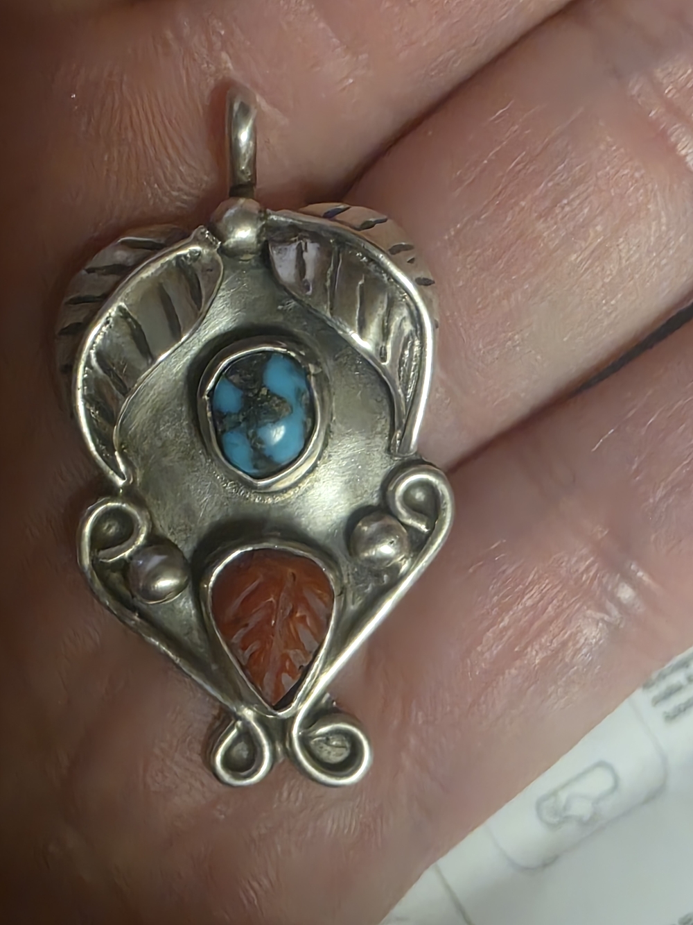 Sterling Silver Turquoise & Carnelian Leaf Pendant - Blue and Orange
